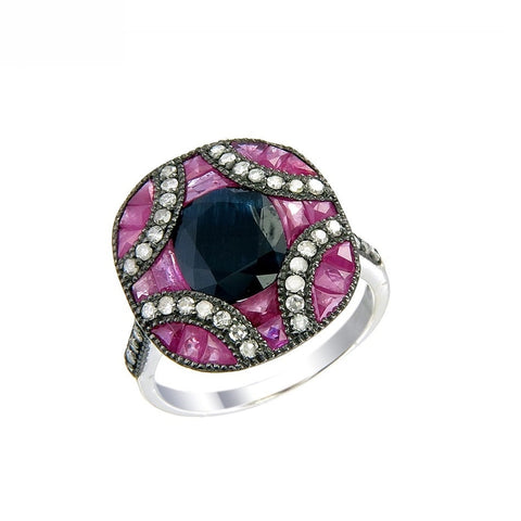 Silver and Diamond with Natural Gemstone Art Deco Style Ring
