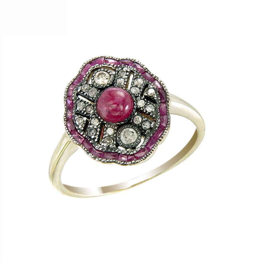 Silver and Diamond with Natural Gemstone Art Deco Style Ring