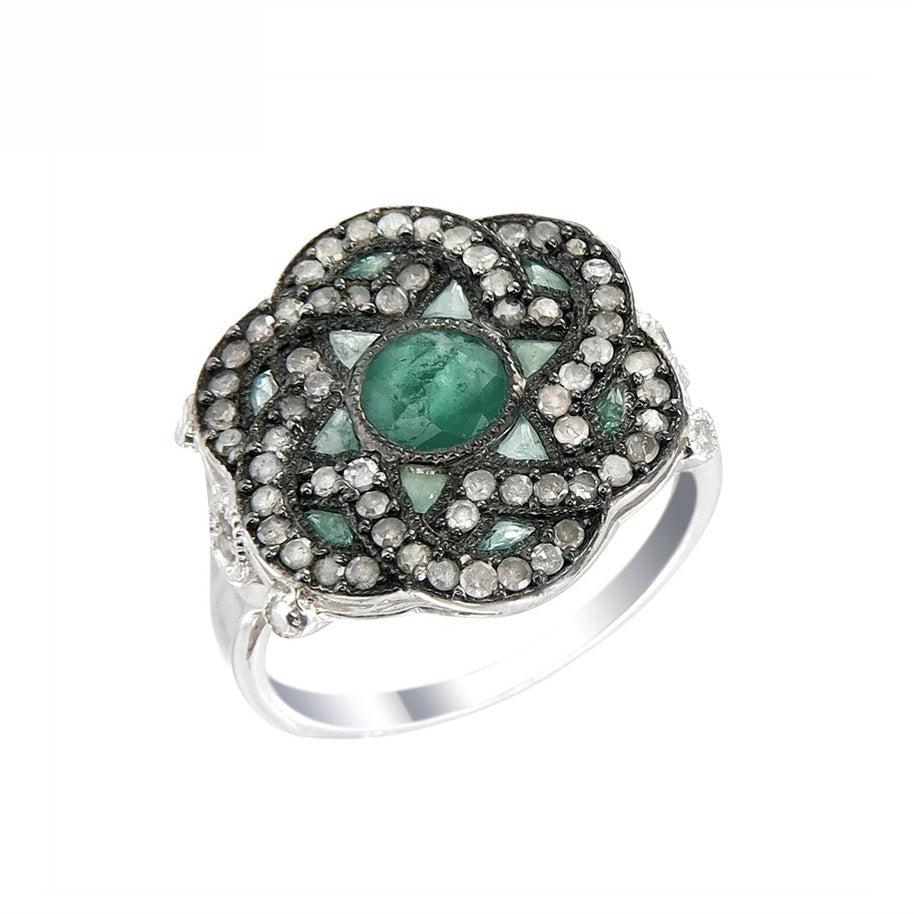 Silver and Diamond with Natural Gemstone Art Deco Style Ring