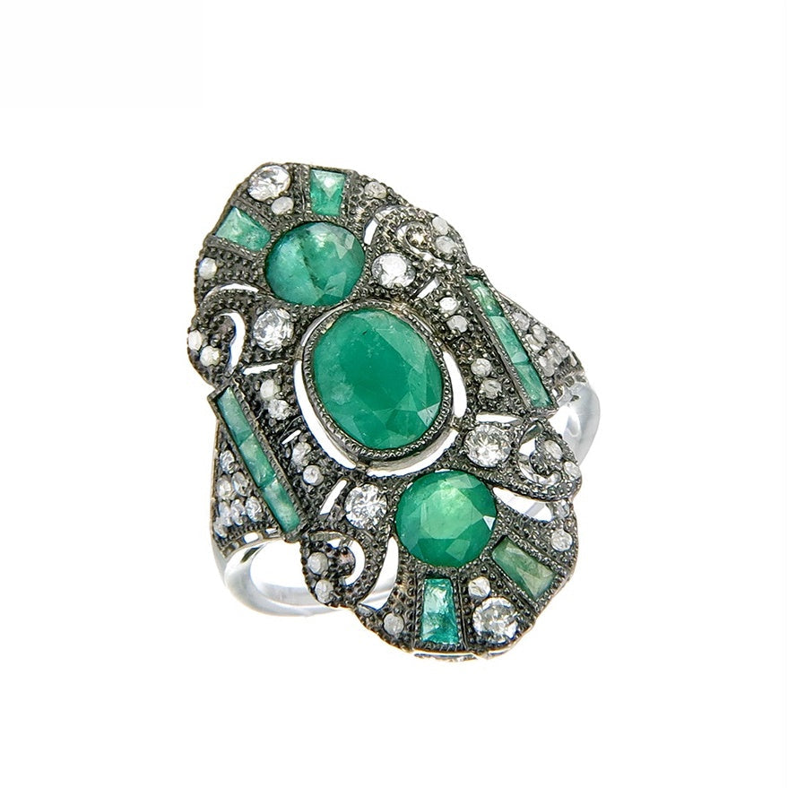 Silver and Diamond with Natural Gemstone Art Deco Style Ring