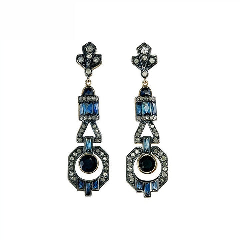 9K Gold and Silver Diamond with Natural Gemstone Art Deco Style Earrings