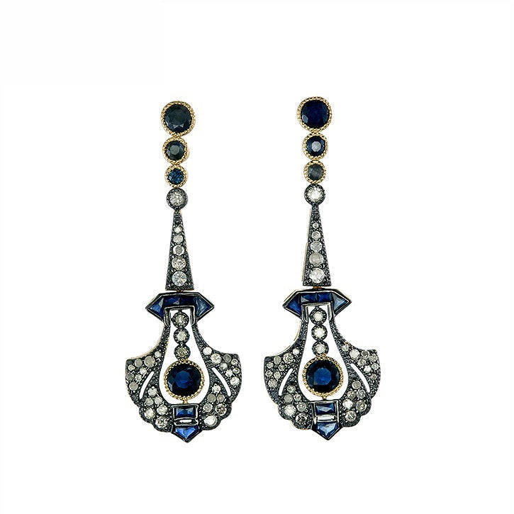 9K Gold and Silver Diamond with Natural Gemstone Art Deco Style Earrings