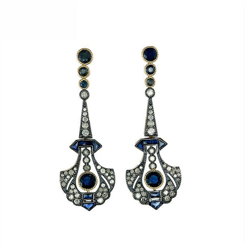9K Gold and Silver Diamond with Natural Gemstone Art Deco Style Earrings