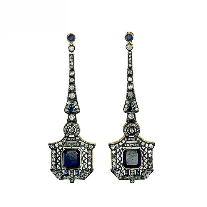 9K Gold and Silver Diamond with Natural Gemstone Art Deco Style Earrings