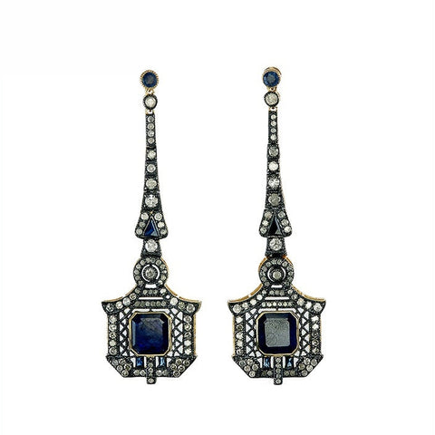 9K Gold and Silver Diamond with Natural Gemstone Art Deco Style Earrings