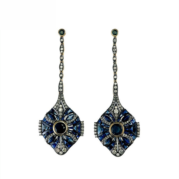 9K Gold and Silver Diamond with Natural Gemstone Art Deco Style Earrings