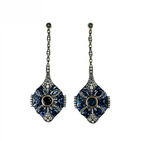 9K Gold and Silver Diamond with Natural Gemstone Art Deco Style Earrings