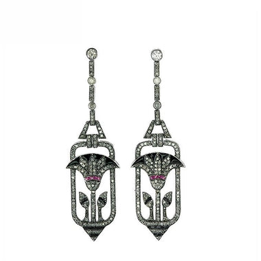 9K Gold and Silver Diamond with Natural Gemstone Art Deco Style Earrings