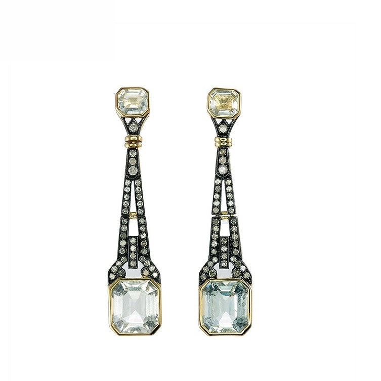 9K Gold and Silver Diamond with Natural Gemstone Art Deco Style Earrings