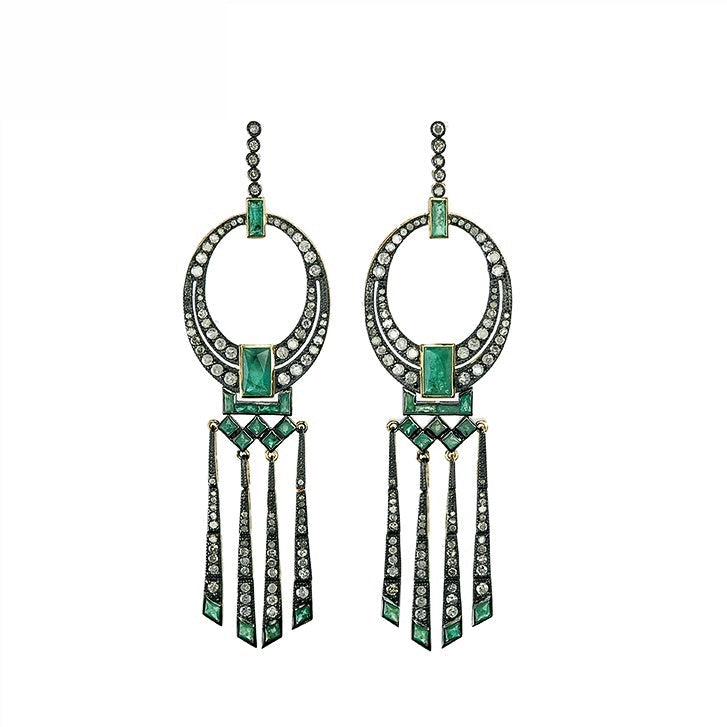 9K Gold and Silver Diamond with Natural Gemstone Art Deco Style Earrings