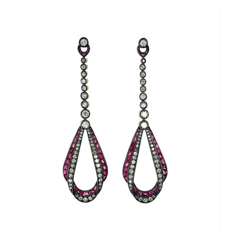 9K Gold and Silver Diamond with Natural Gemstone Art Deco Style Earrings