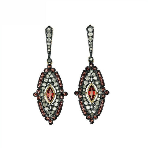 9K Gold and Silver Diamond with Natural Gemstone Art Deco Style Earrings