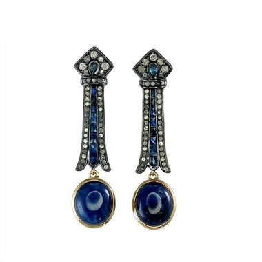9K Gold and Silver Diamond with Natural Gemstone Art Deco Style Earrings