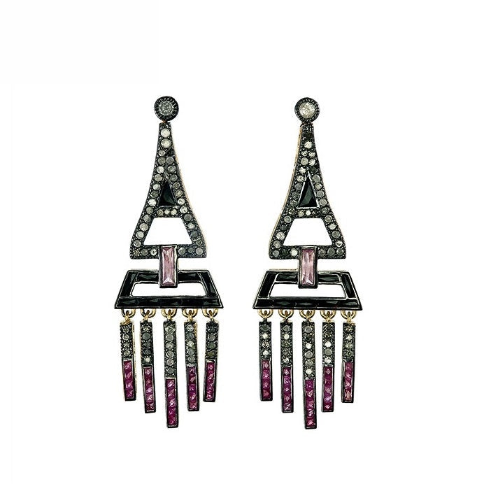 9K Gold and Silver Diamond with Natural Gemstone Art Deco Style Earrings