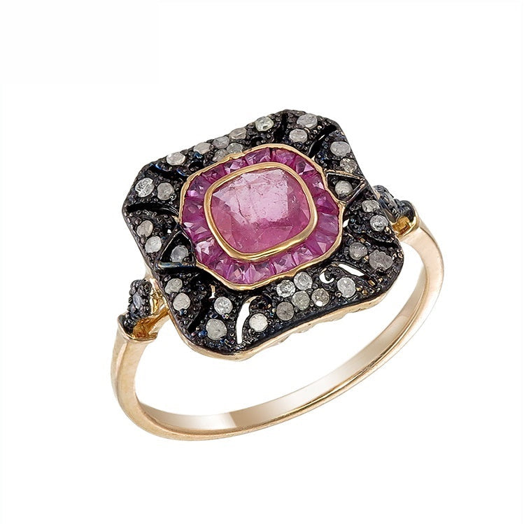 Silver and Diamond with Natural Gemstone Art Deco Style Ring