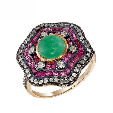 Silver and Diamond with Natural Gemstone Art Deco Style Ring