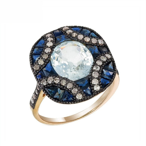 Silver and Diamond with Natural Gemstone Art Deco Style Ring