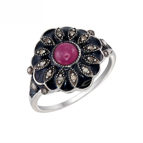 Silver and Diamond with Natural Gemstone Art Deco Style Ring