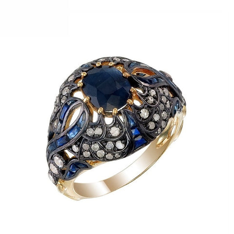 Silver and Diamond with Natural Gemstone Art Deco Style Ring