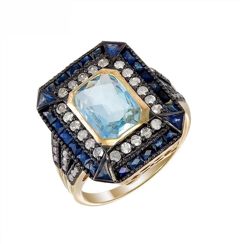 Silver and Diamond with Natural Gemstone Art Deco Style Ring