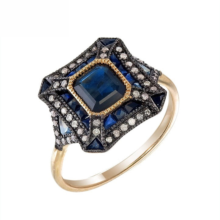 Silver and Diamond with Natural Gemstone Art Deco Style Ring