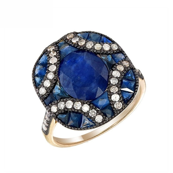 Silver and Diamond with Natural Gemstone Art Deco Style Ring