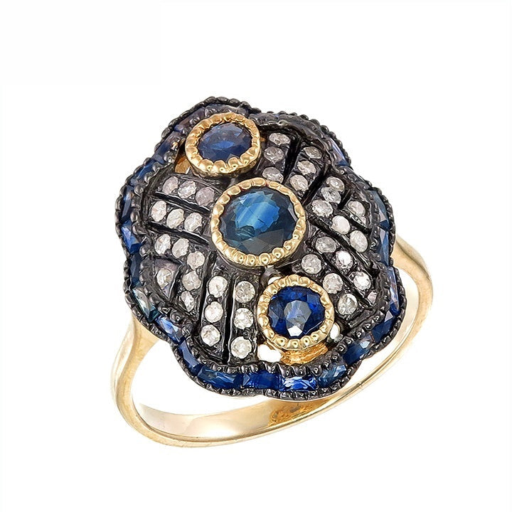 Silver and Diamond with Natural Gemstone Art Deco Style Ring