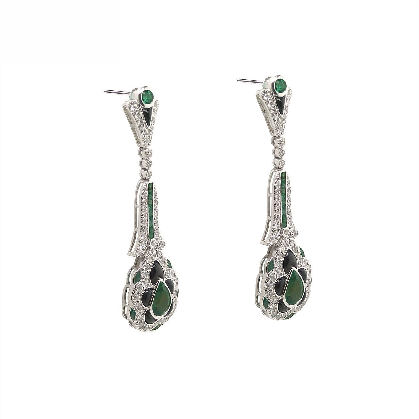18K White Gold Natural Emerald, Onyx and Diamond Earrings