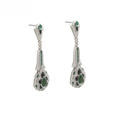 18K White Gold Natural Emerald, Onyx and Diamond Earrings