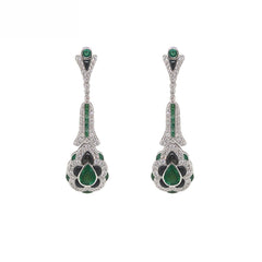 18K White Gold Natural Emerald, Onyx and Diamond Earrings