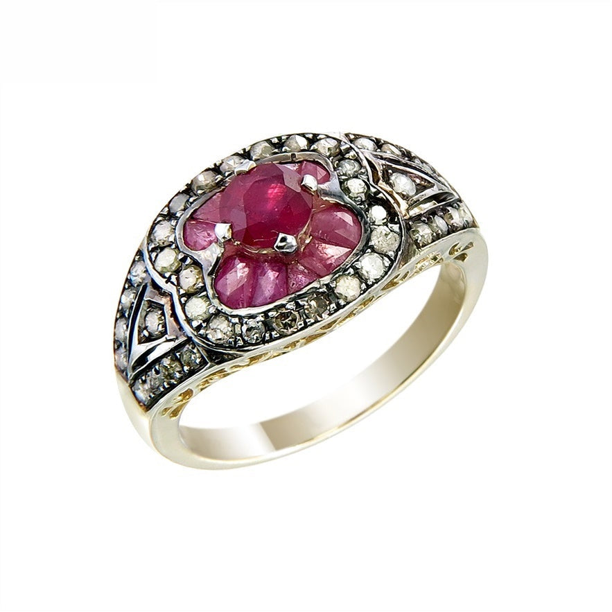 Silver and Diamond with Natural Gemstone Art Deco Style Ring