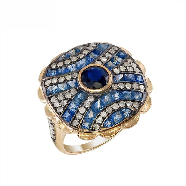 Silver and Diamond with Natural Gemstone Art Deco Style Ring