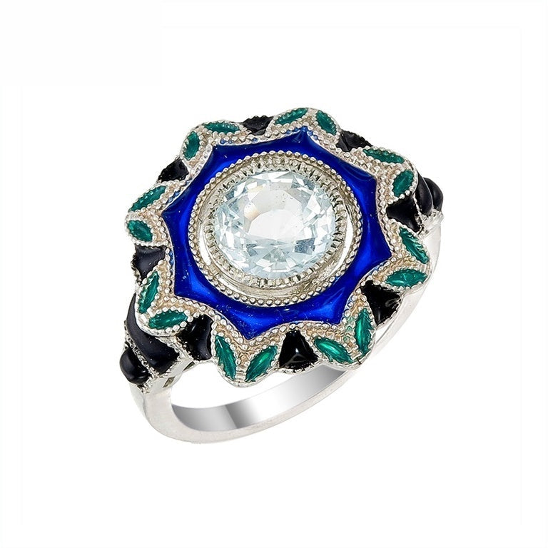 Silver and Diamond with Natural Gemstone Art Deco Style Ring
