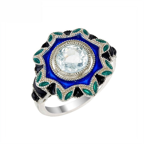 Silver and Diamond with Natural Gemstone Art Deco Style Ring