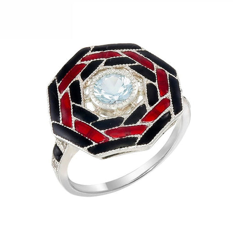 Silver and Diamond with Natural Gemstone Art Deco Style Ring