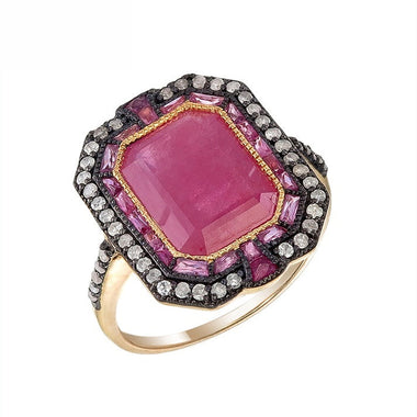 Silver and Diamond with Natural Gemstone Art Deco Style Ring