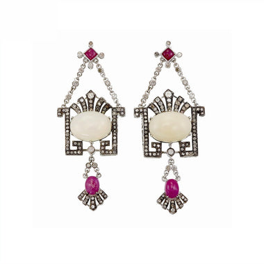 9K Gold and Silver Diamond with Natural Gemstone Art Deco Style Earrings