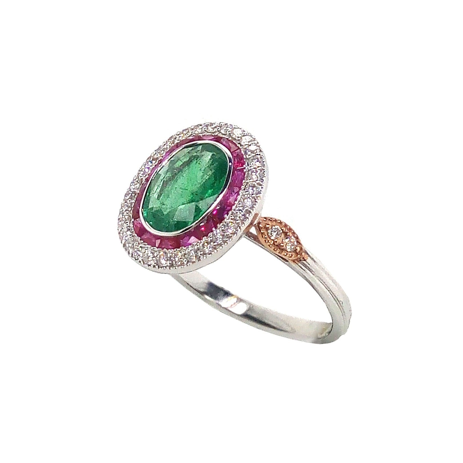18K White Gold Natural Emerald, Natural Ruby and Diamond Ring