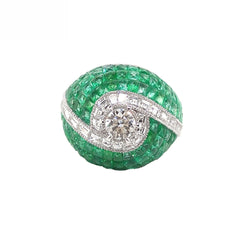 18K White Gold Natural Emerald and Diamond Ring