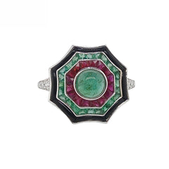 18K White Gold Natural Emerald, Natural Ruby and Diamond Ring