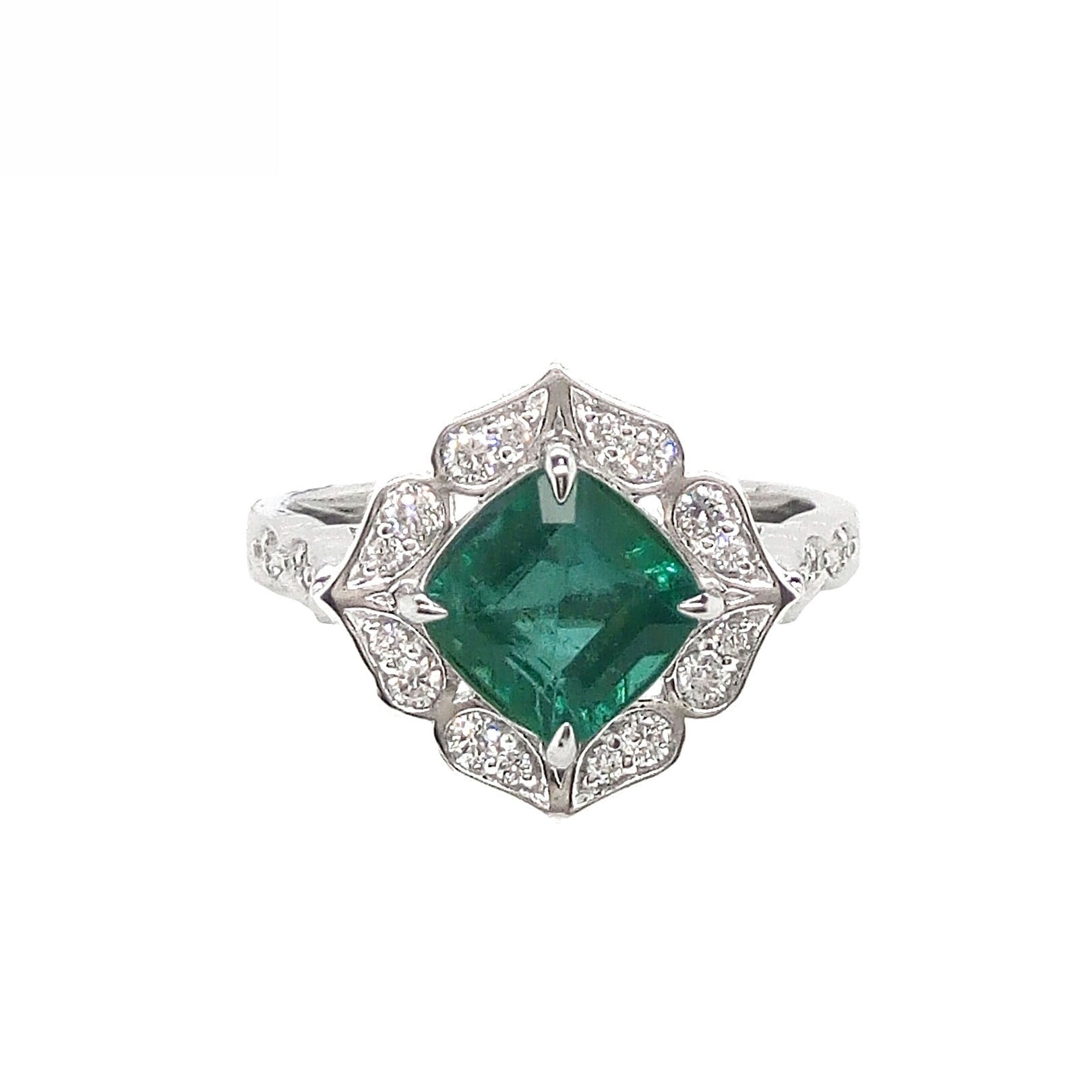 18K White Gold Natural Emerald and Diamond Ring