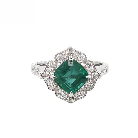 18K White Gold Natural Emerald and Diamond Ring