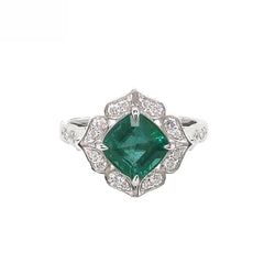 18K White Gold Natural Emerald and Diamond Ring