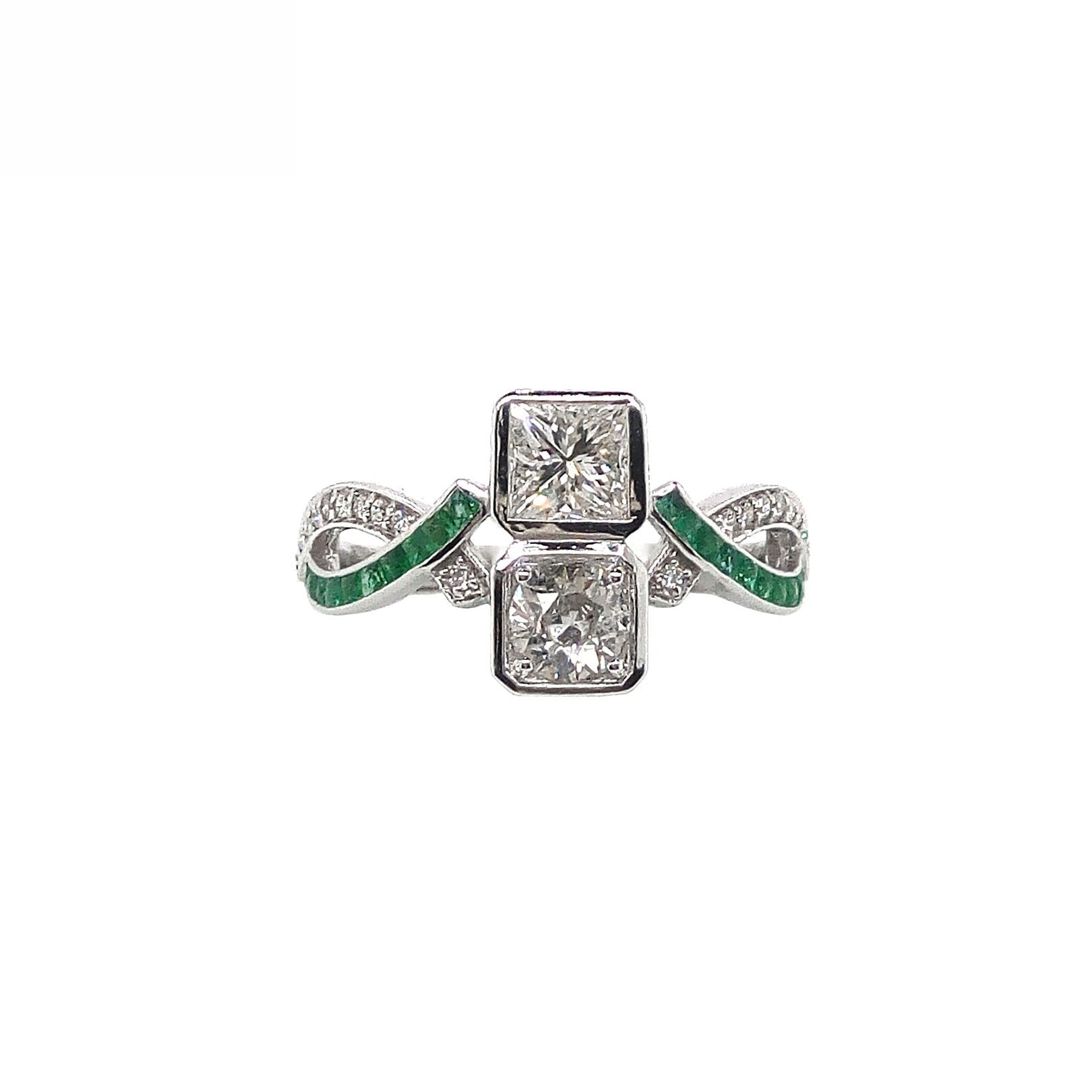 18K White Gold Natural Emerald and Diamond Ring