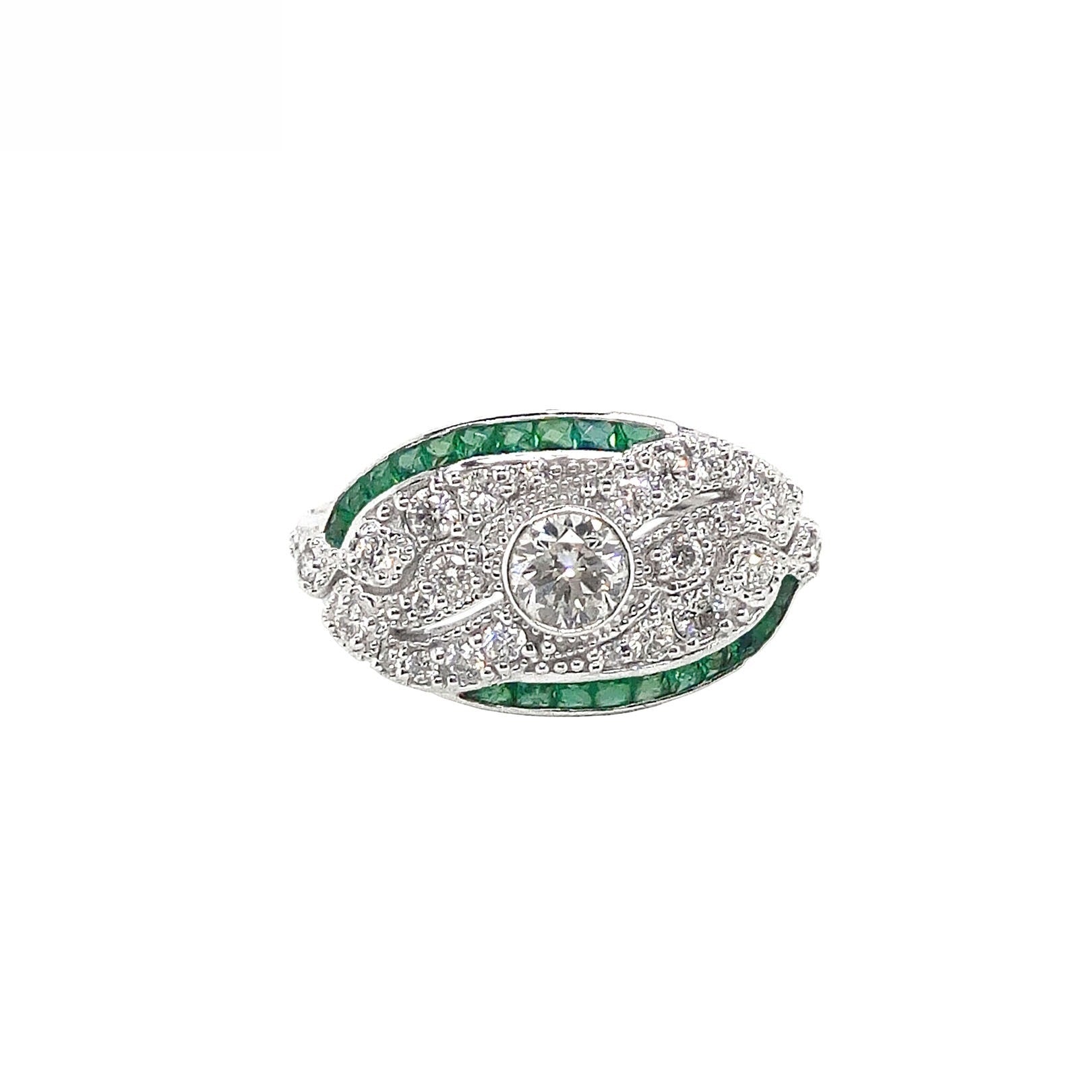 18K White Gold Natural Emerald and Diamond Ring