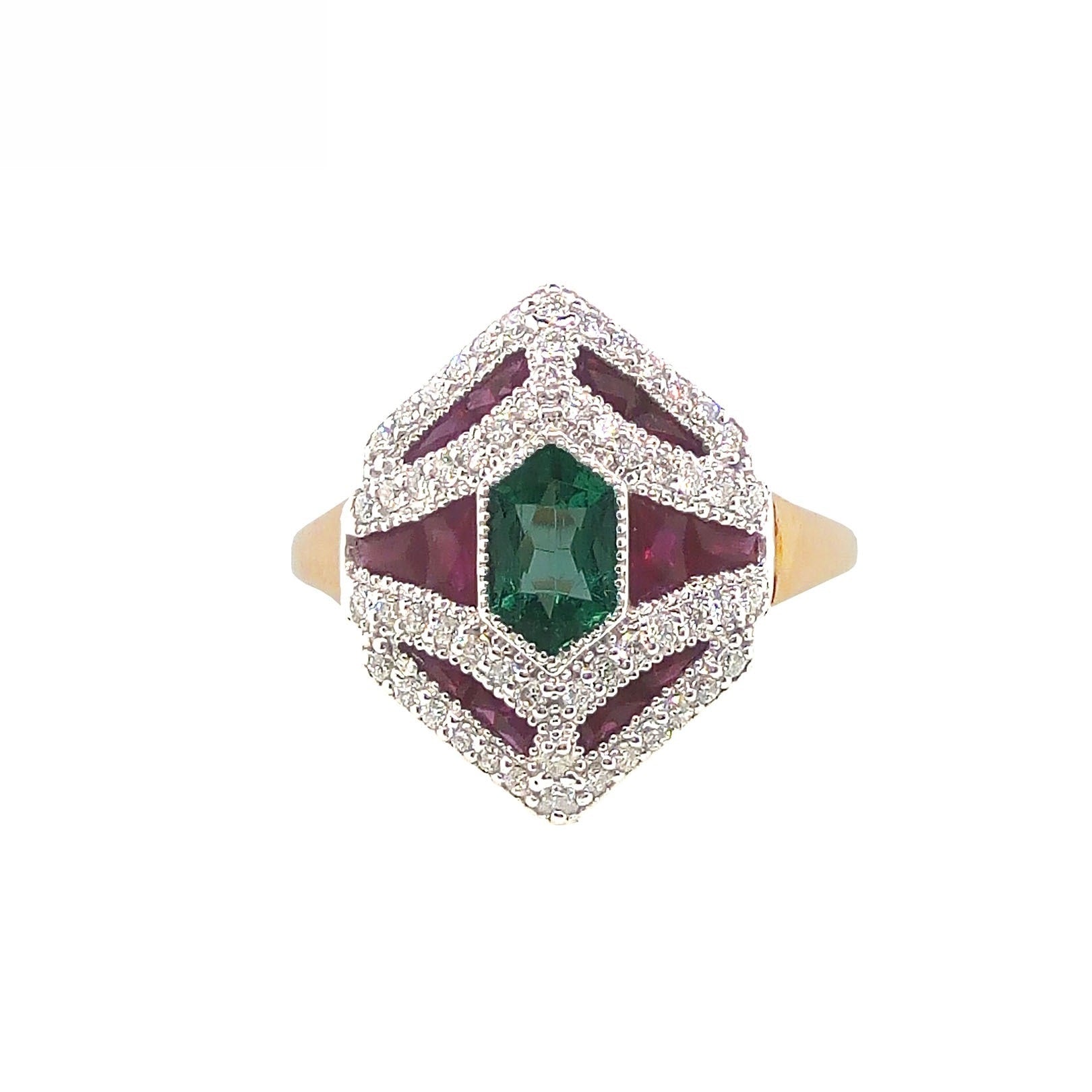 18K Rose Gold Natural Emerald, Natural Ruby and Diamond Ring