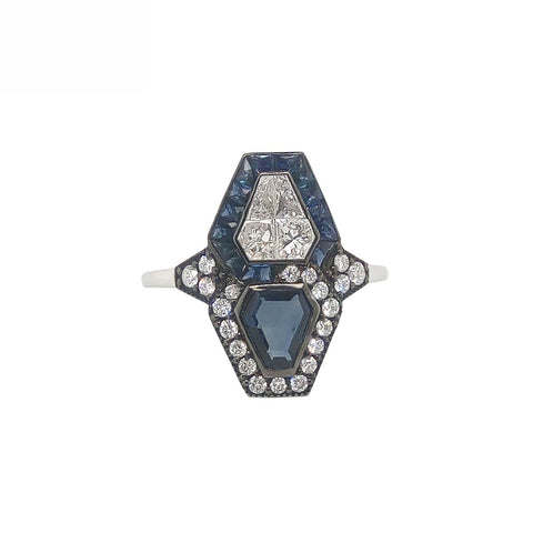 18K White Gold Natural Blue Sapphire and Diamond Ring