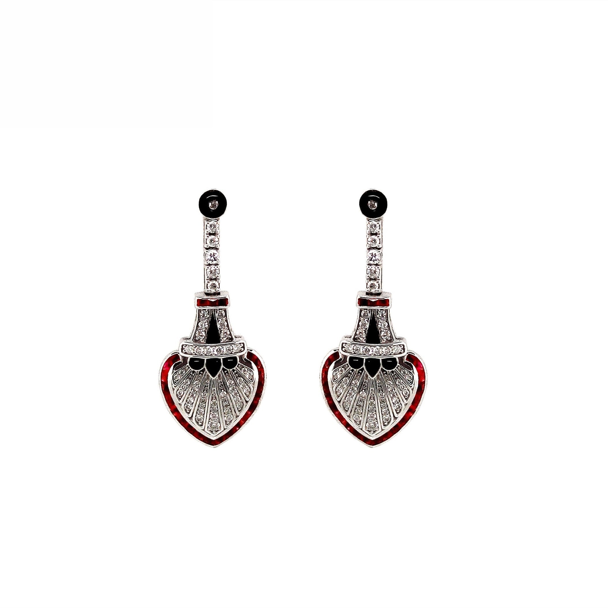 18K White Gold Natural Onyx, Natural Ruby and Diamond Earrings
