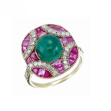 18K White Gold Natural Blue Sapphire, Natural Ruby and Diamond Ring