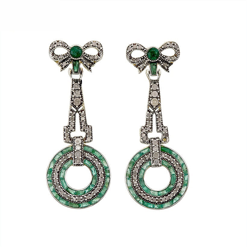 9K Gold and Silver Diamond with Natural Gemstone Art Deco Style Earrings